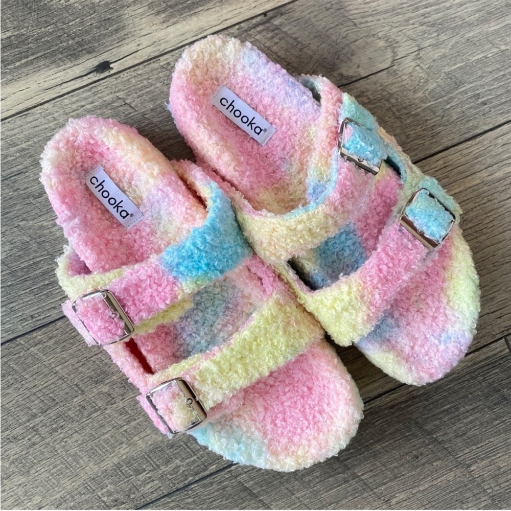 NWOT Chooka Sandal Ava Double Buckle Rainbow Pastel Faux Shearling Size 11